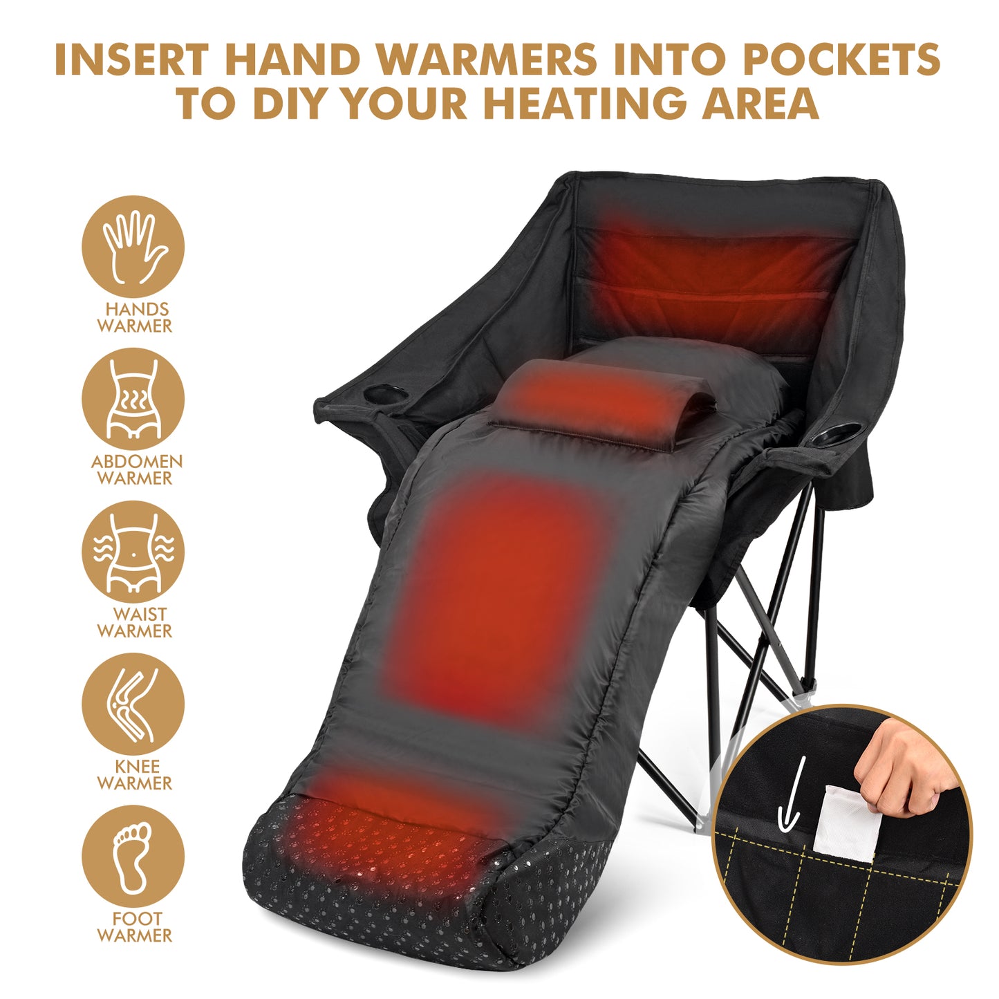 WARM-U-FEET Oversized Padded Comfort Camping Chair with Foot Pocket Blanket, Insert Hand Warmer to Convert into a DIY Heated Chair for Winter Outdoor Sports, Ice Fishing, Hunting, and RV, 400 lbs Capacity