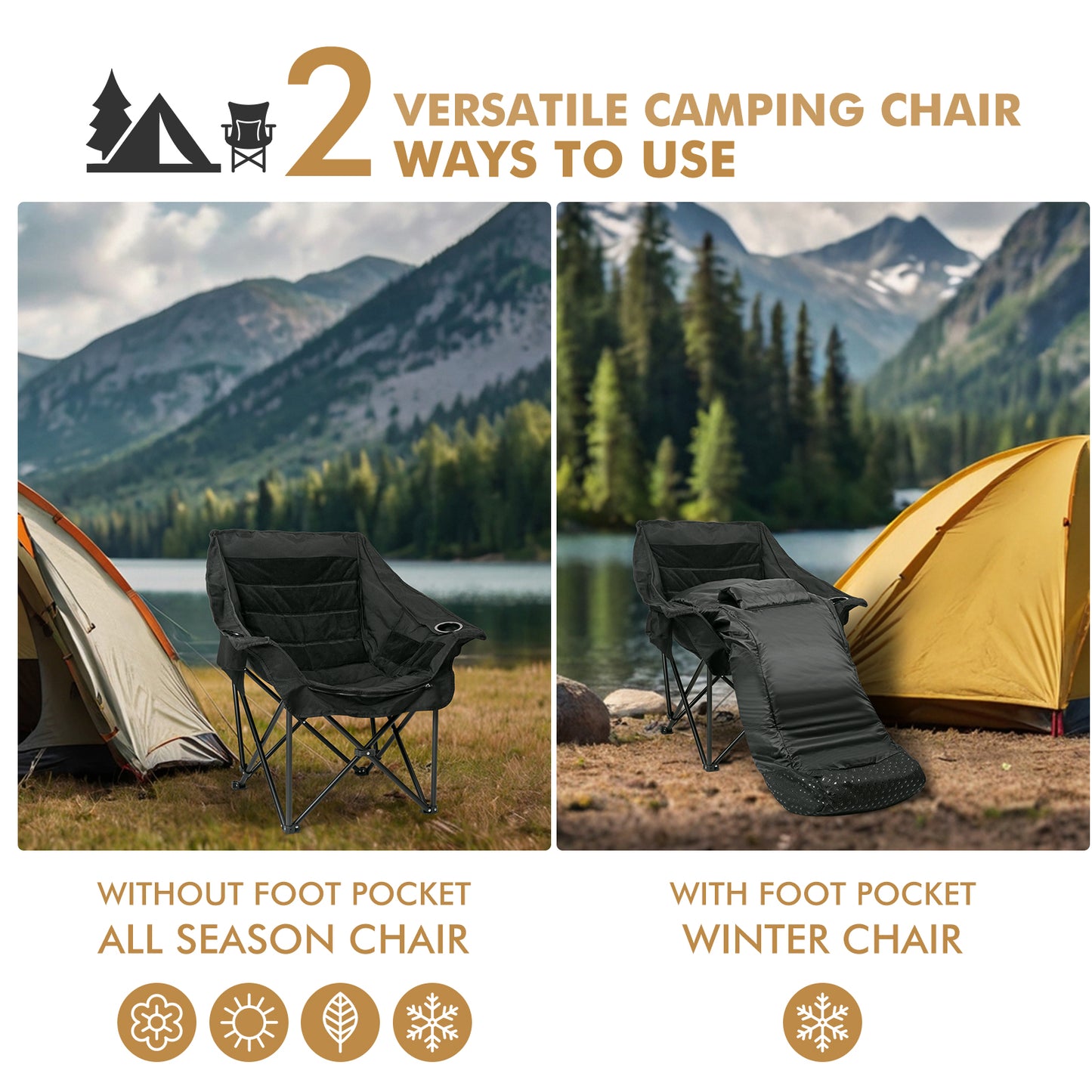 WARM-U-FEET Oversized Padded Comfort Camping Chair with Foot Pocket Blanket, Insert Hand Warmer to Convert into a DIY Heated Chair for Winter Outdoor Sports, Ice Fishing, Hunting, and RV, 400 lbs Capacity