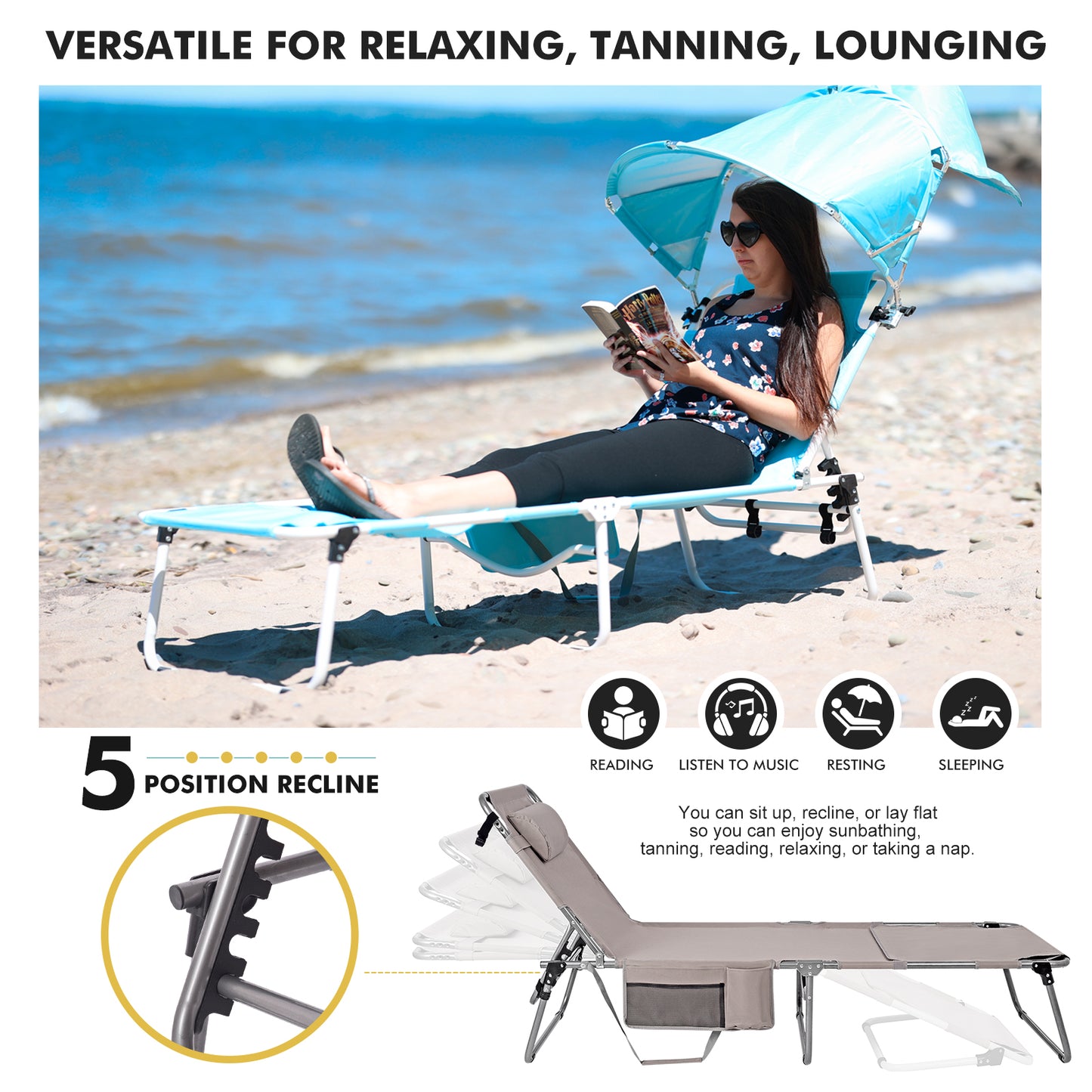 Minndudu Heavy Duty Tanning Lounge Chair with Sun Canopy Face Arm Hole