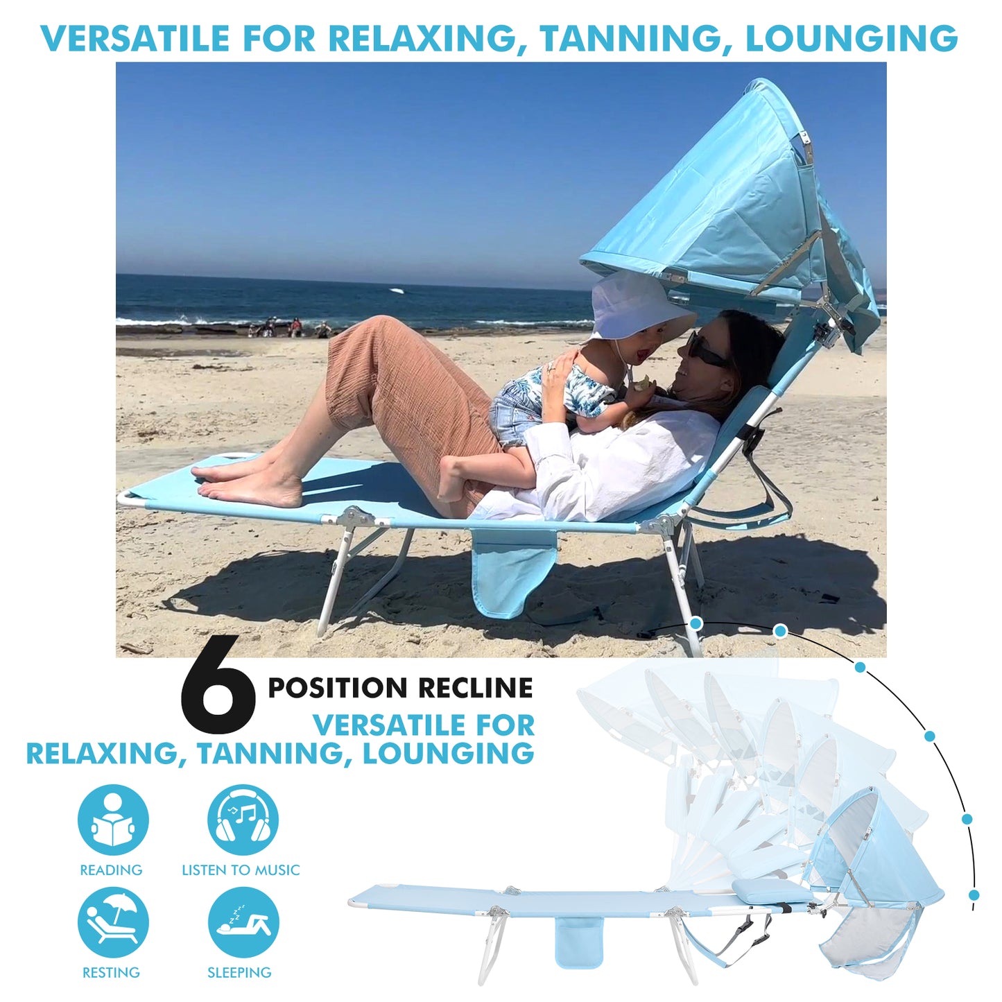 Minndudu Backpack Beach Tanning Chair with Face Hole Sun Canopy Umbrella